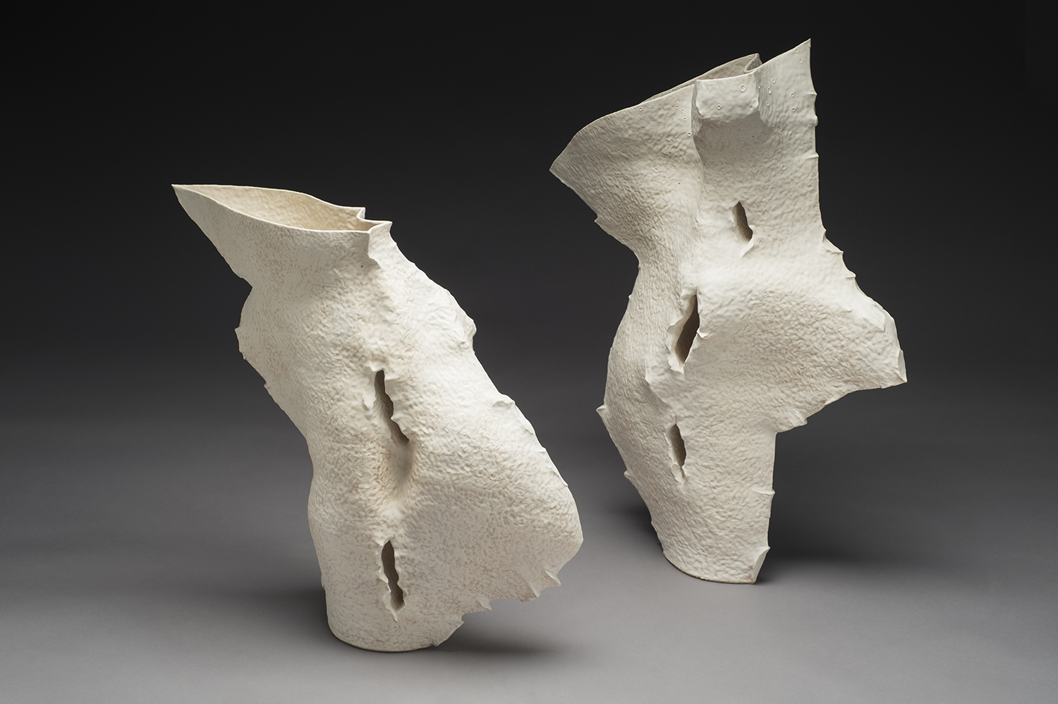 Two sculptures made of fired porcelain.