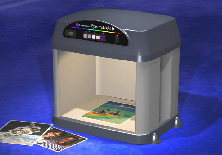 A printer-like machine against a blue background.
