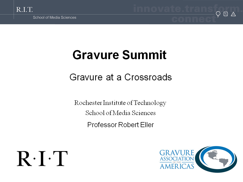 A graphic with logos and text that, in part, reads Gravure Summit, Gravure at a Crossroads.