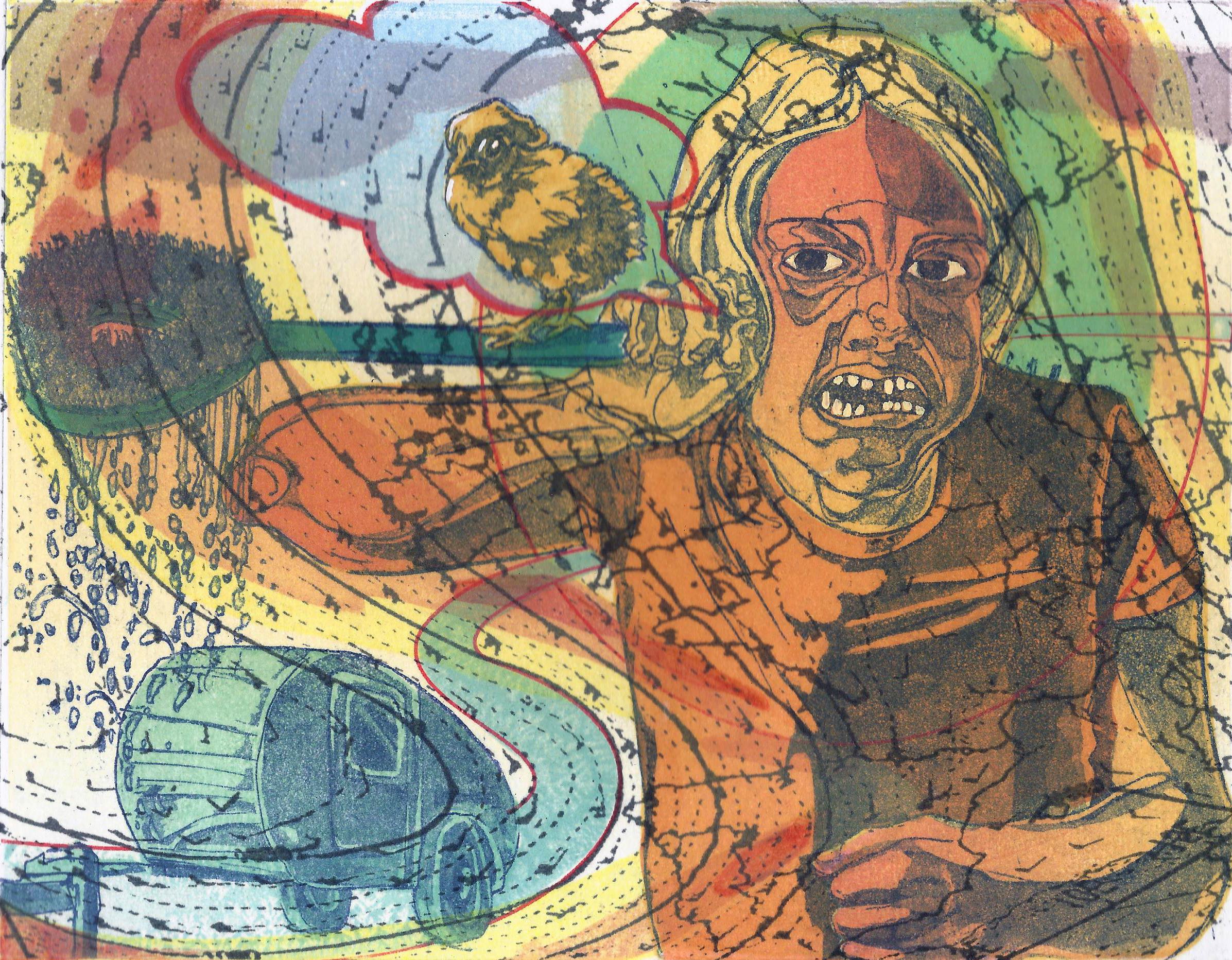 A print of a woman set against an array of abstract objects and colors.