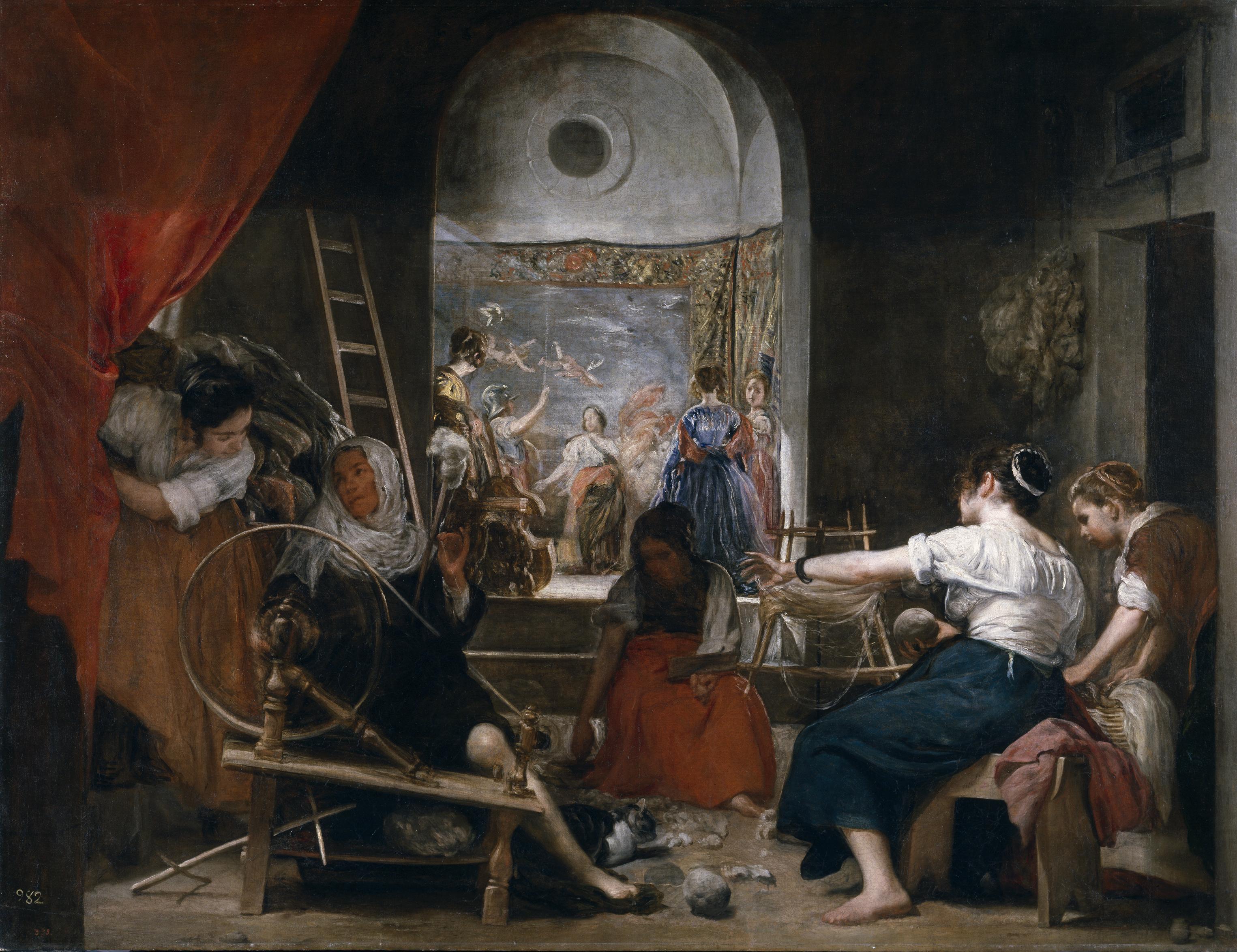Painting of women using an old loom.
