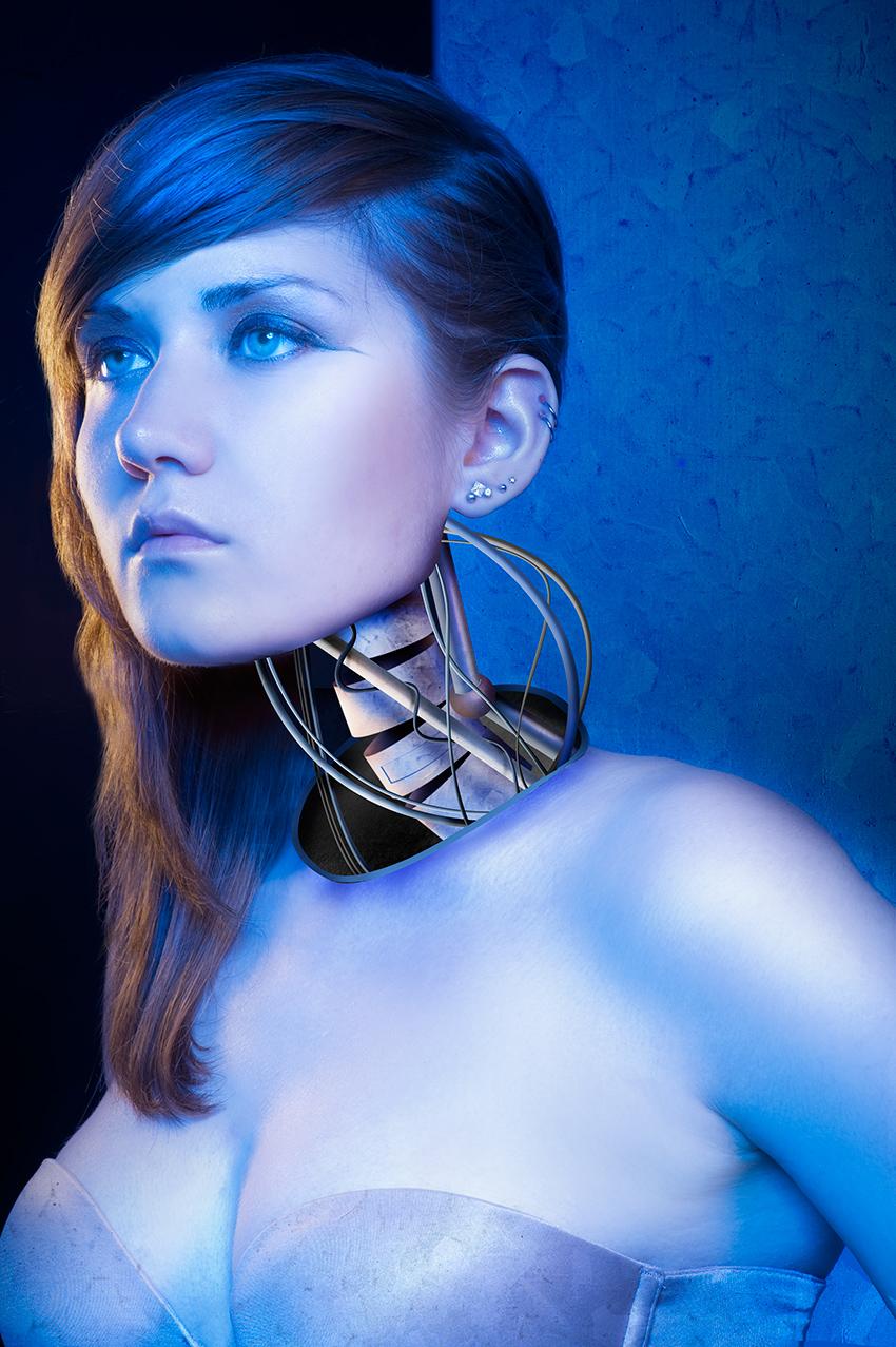 A photo of a woman with a bionic-looking neck.