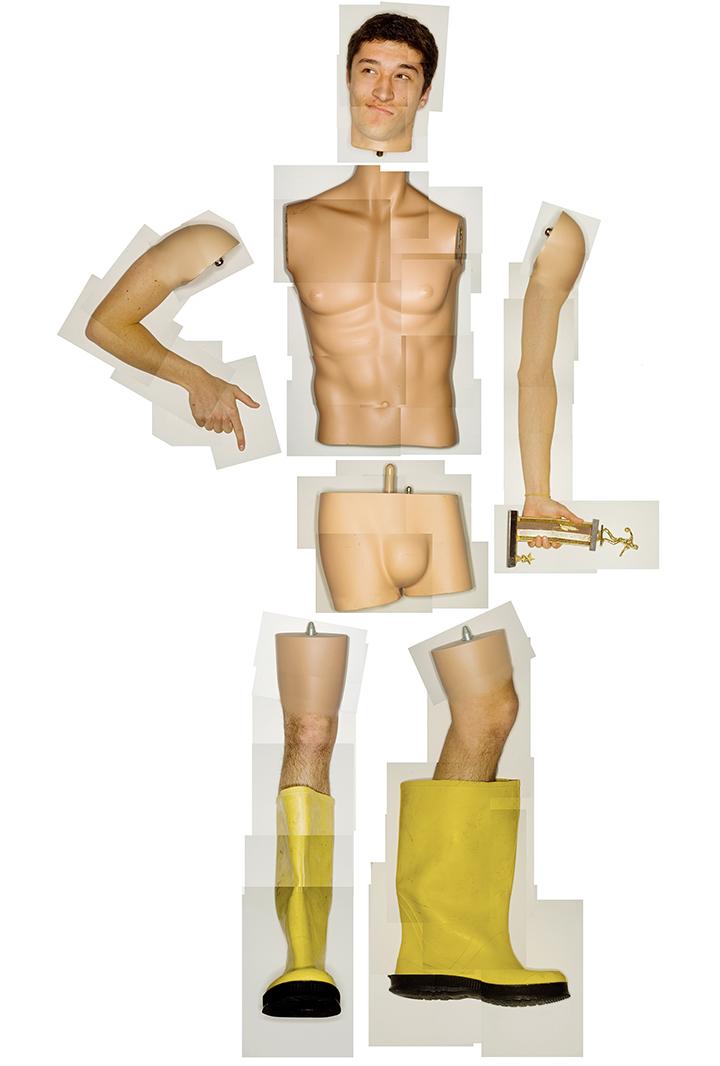 A mosaic-style photo of a man with half real body parts, half doll-looking parts.