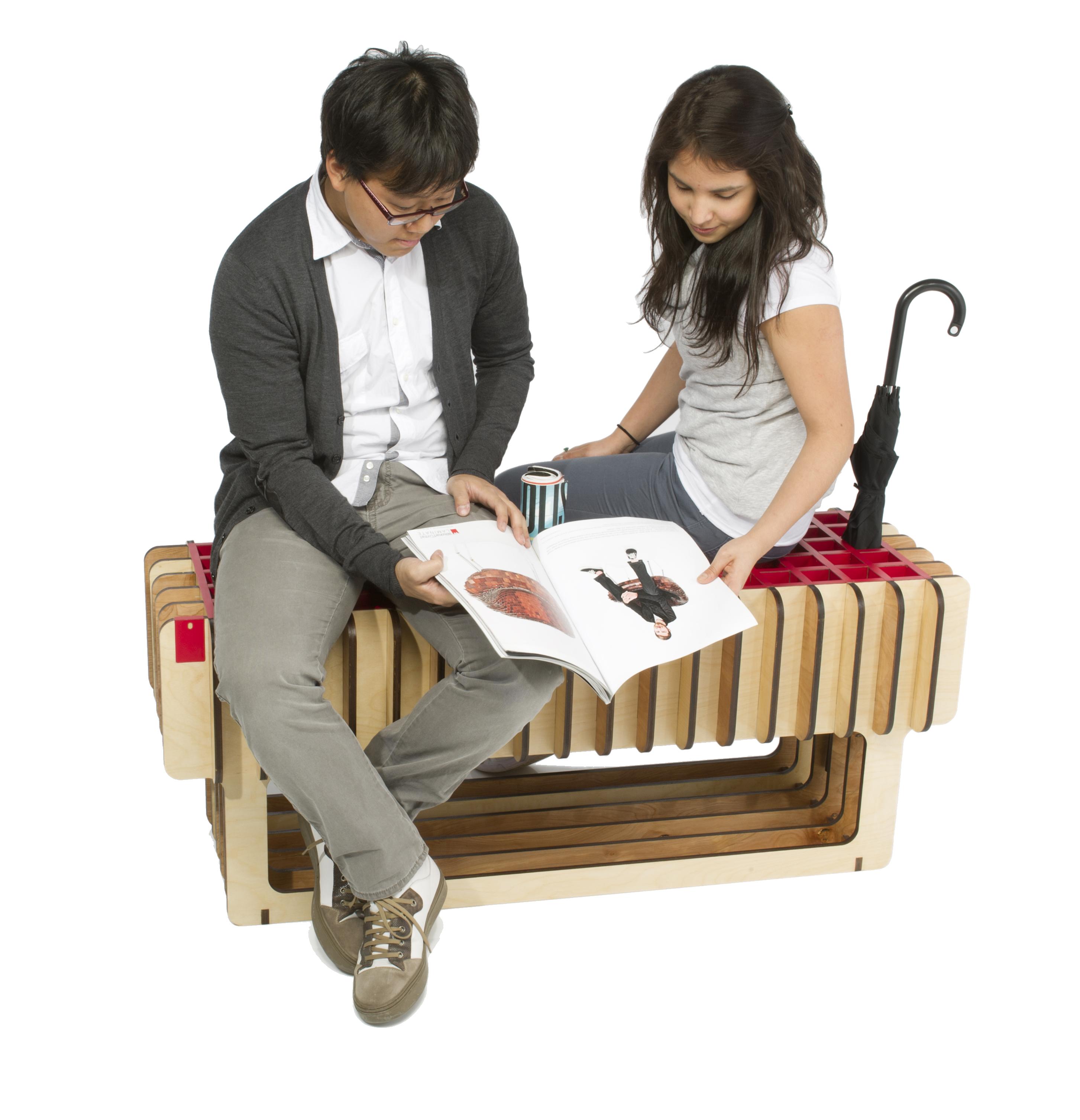 A bench with holes to store items like umbrellas.