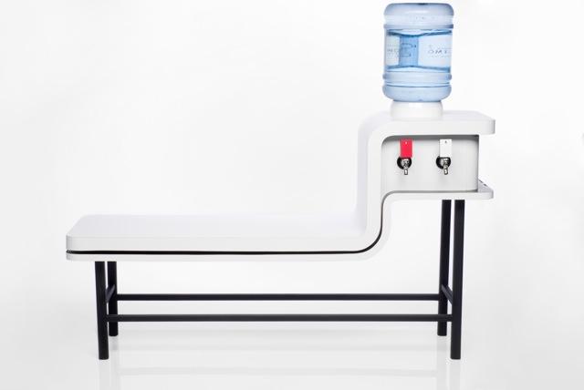 A design that connects a bench and water cooler.