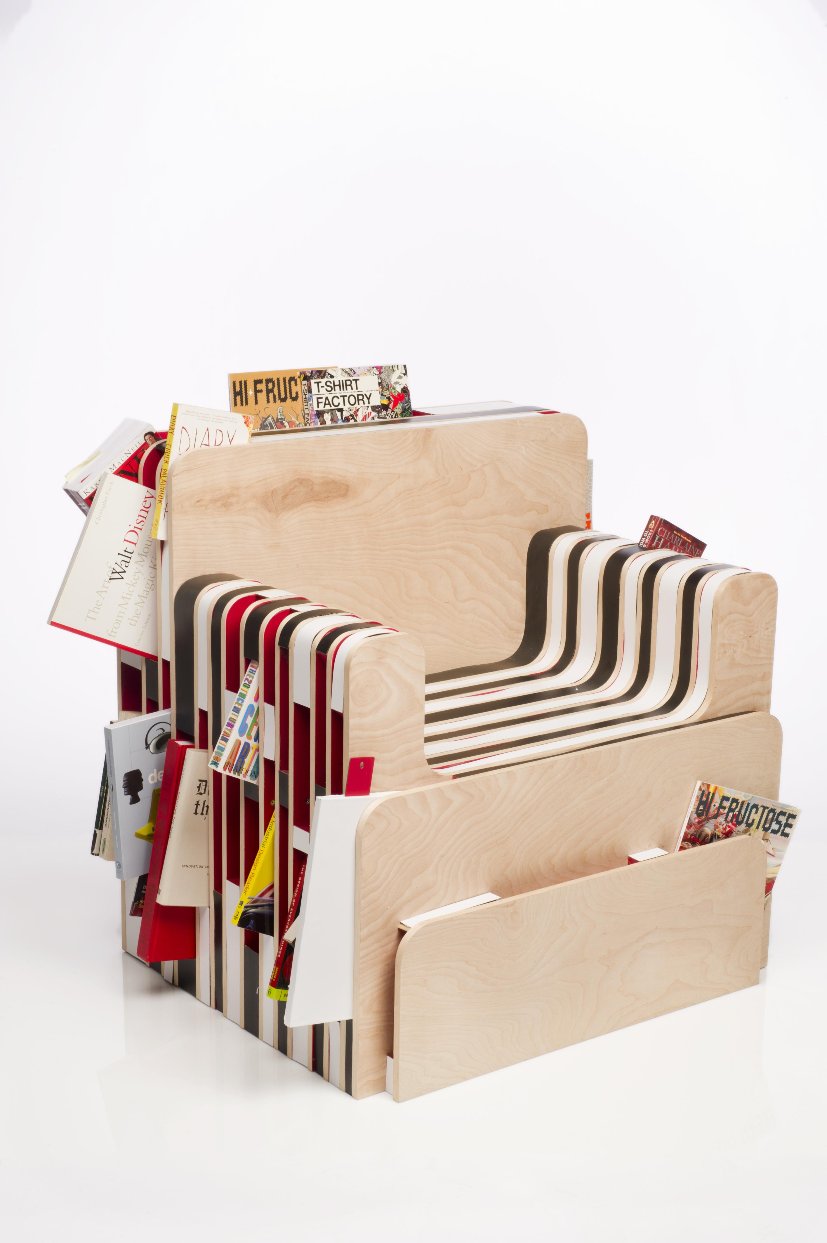 A wooden chair design mixed with different fabrics.