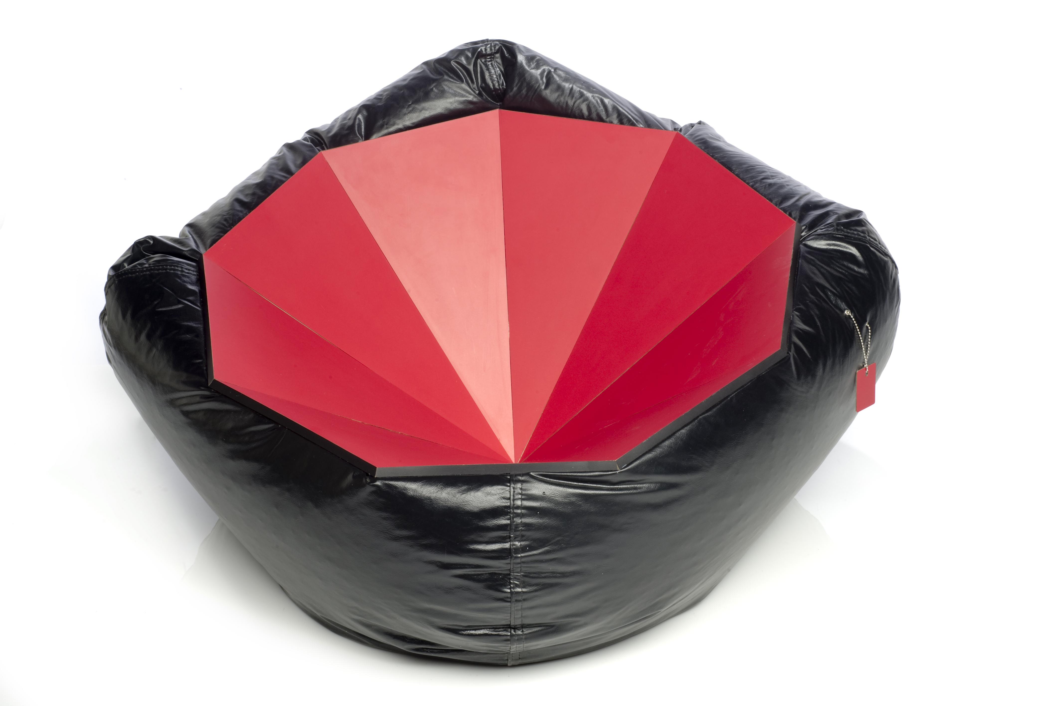 A red and black beanbag chair.