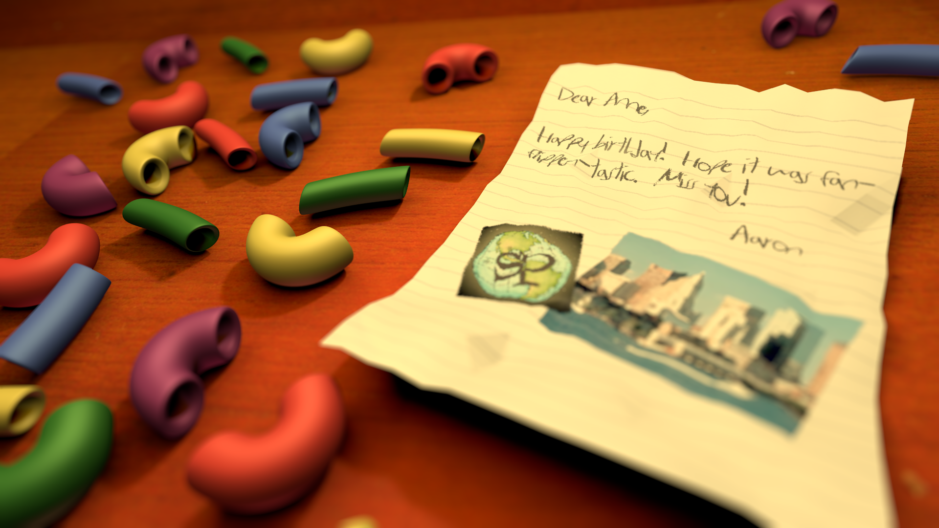 a 3D scene of a tabletop with macaroni-shaped toys and a letter on it.