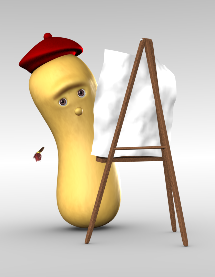 An animated peanut draws on an easel.