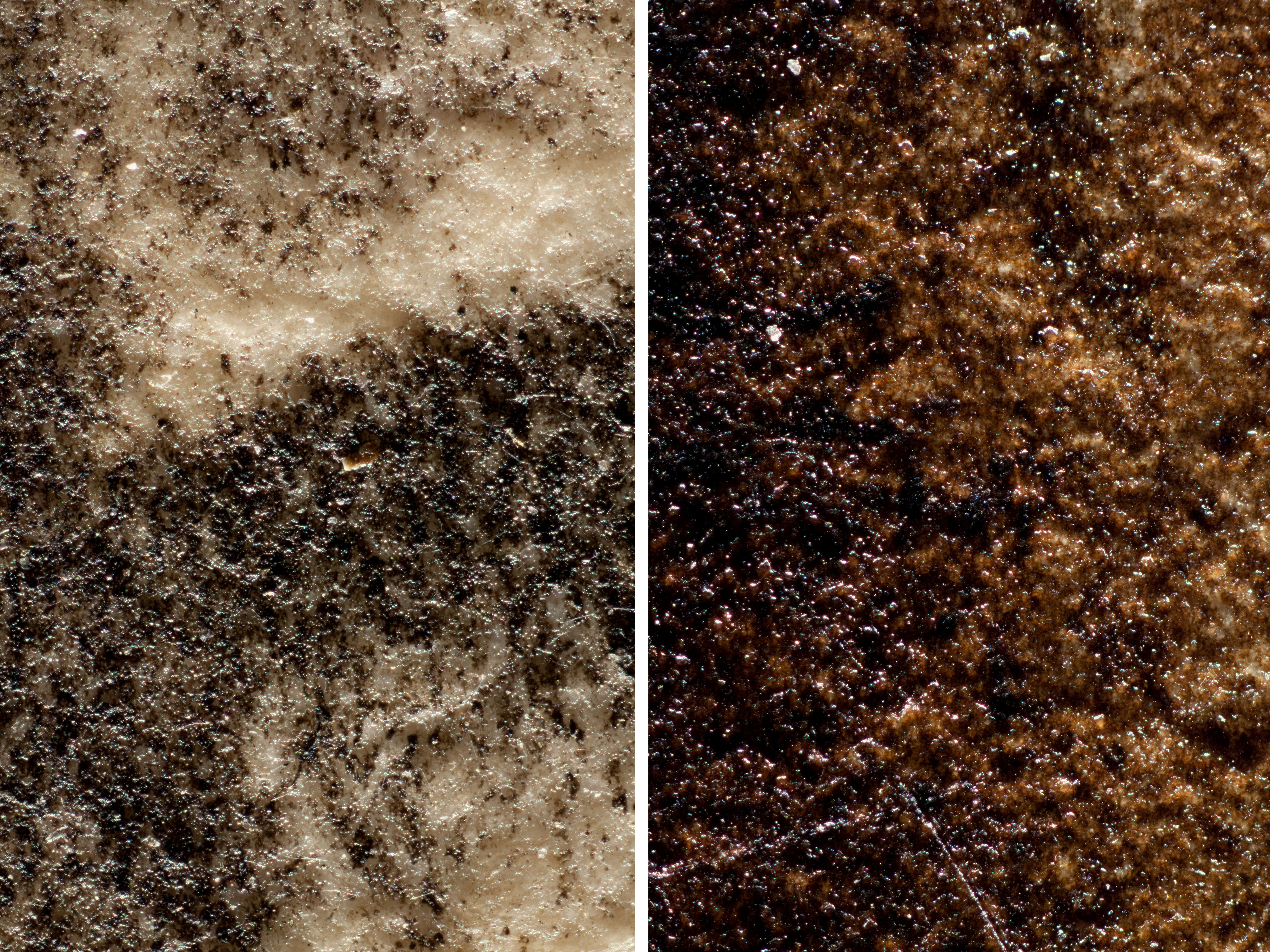 Paper fibers are obscured, matting agents are present. Ink rests on the support (50x magnification under raking light).