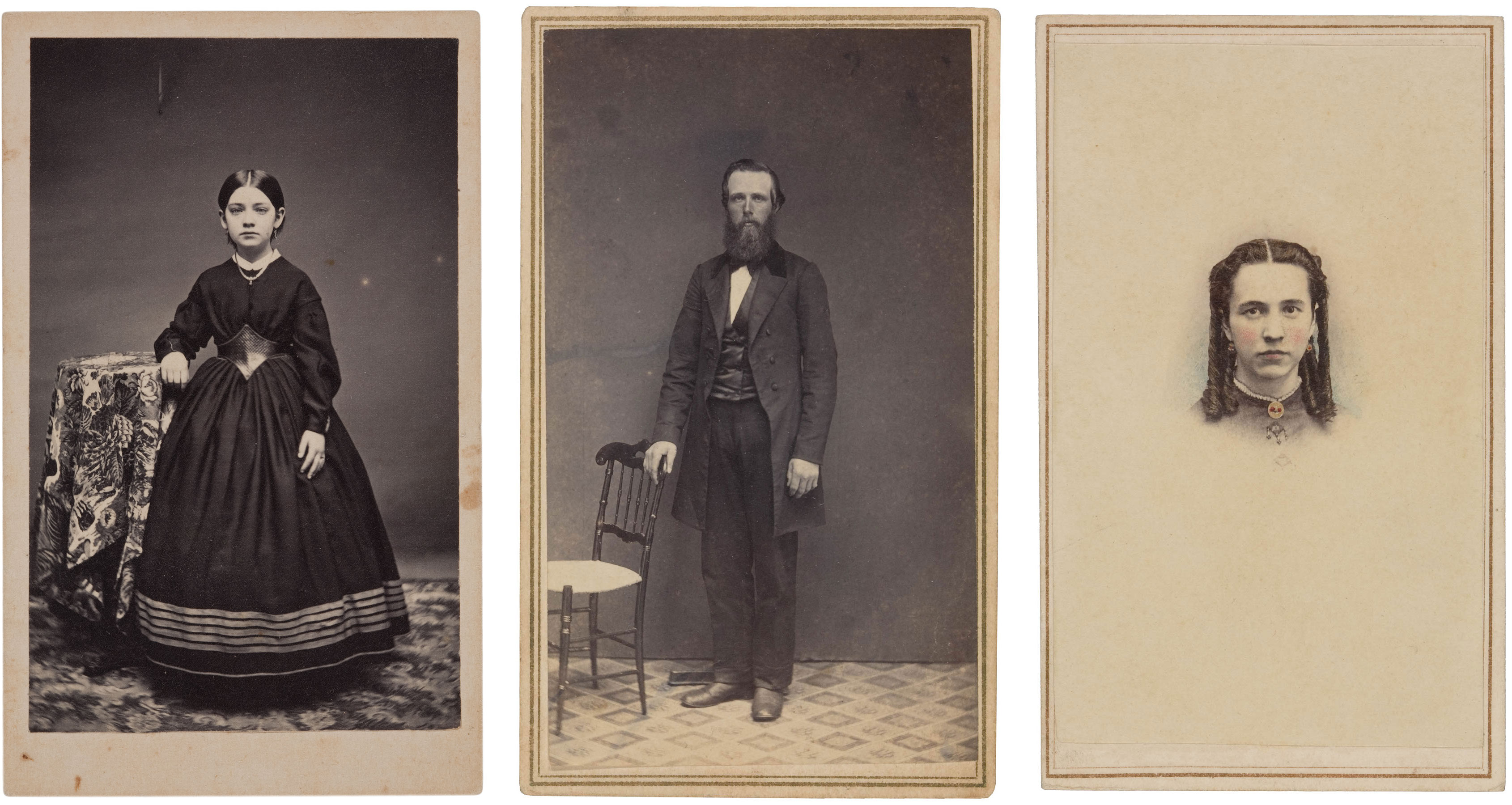 The carte-de-visite became popular in the 1860s. They measure roughly 2 ½ x 4 inches.