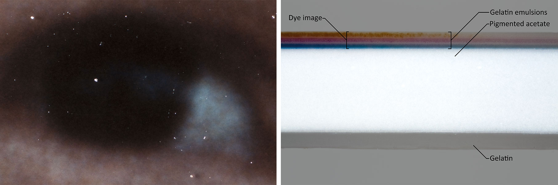 Kodachrome and Ansco Printon have multiple layers with a pigmented acetate support. With raking light and 50x magnification the surface will be smooth. 