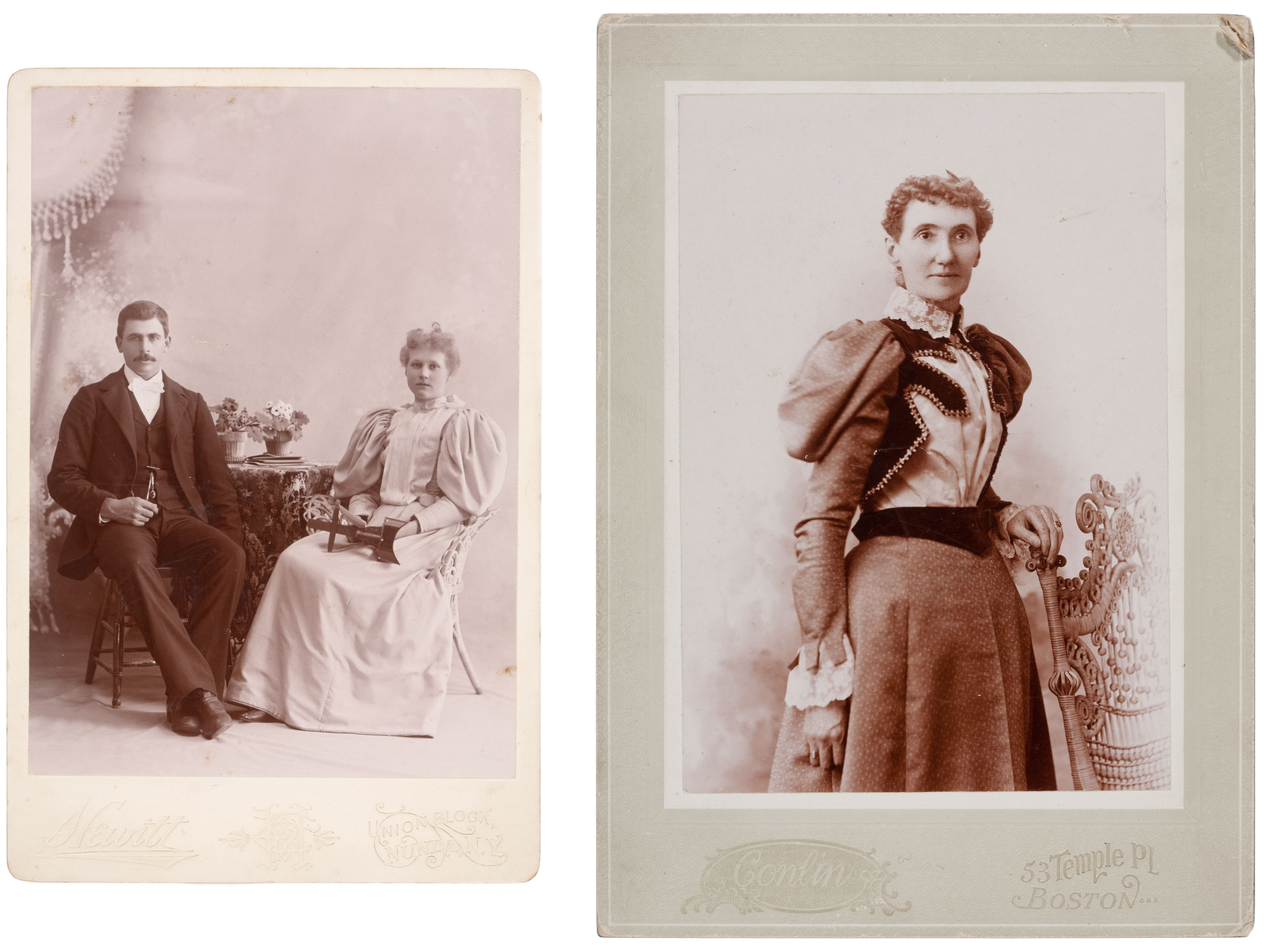 These prints have a pink tinted baryta layer giving the image an overall pink cast. Tinting was introduced in the 1860s to albumen papers and was thought to enhance the image. Some collodion printing-out papers had baryta layers tinted pink or mauve by the photographic paper manufacturer.