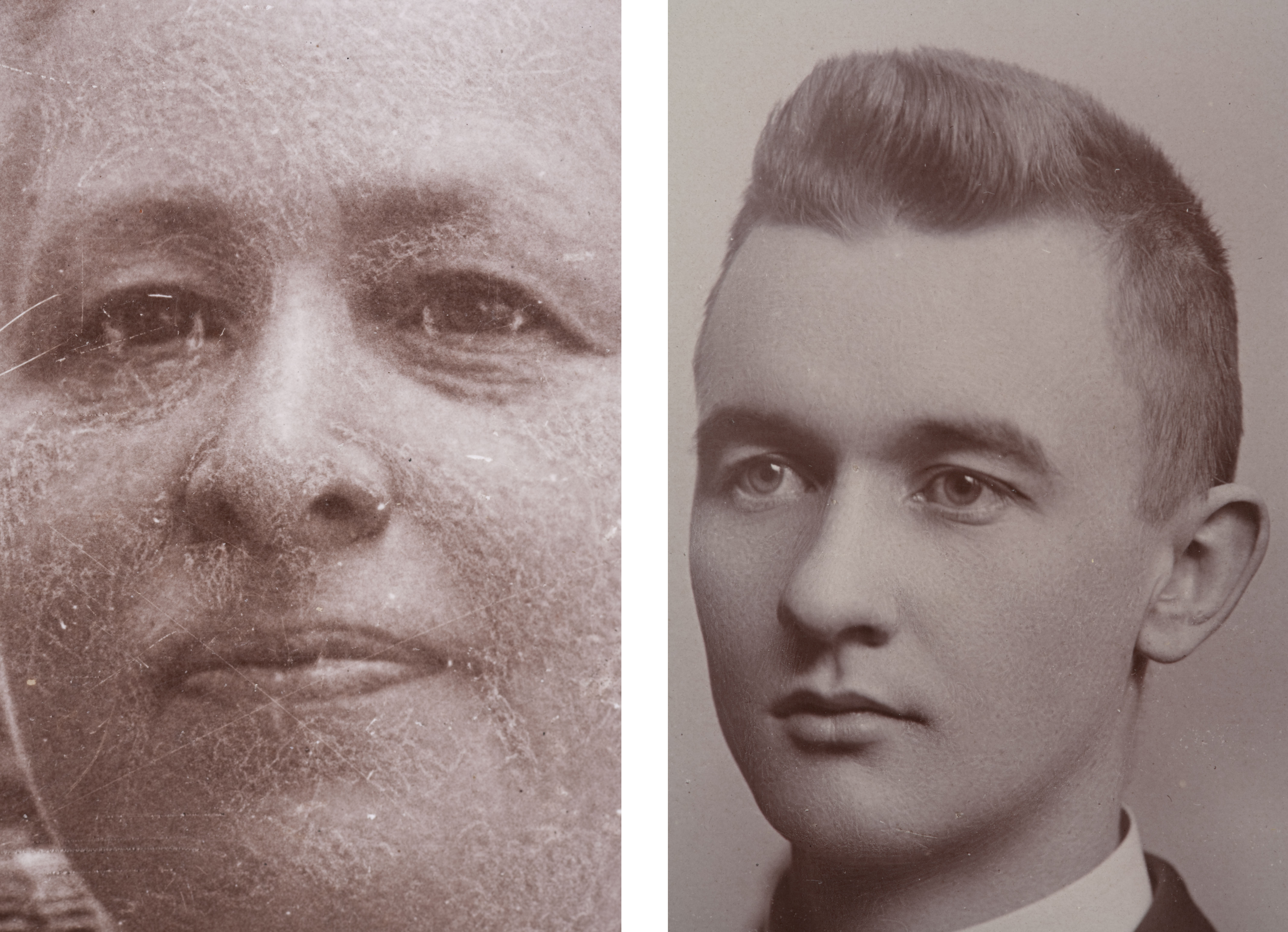 Retouching in the negative gives faces a mottled appearance. Retouching was likely done to smooth out skin tones. 