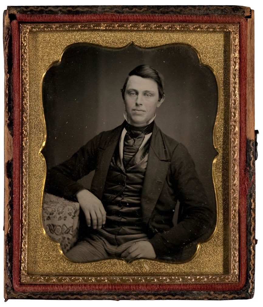 American and British daguerreotype as well as ambrotypes and tintypes are presented in cases as seen here. Cased daguerreotypes are recognizable because the image rests on a highly polished metal plate. See Surface View. 