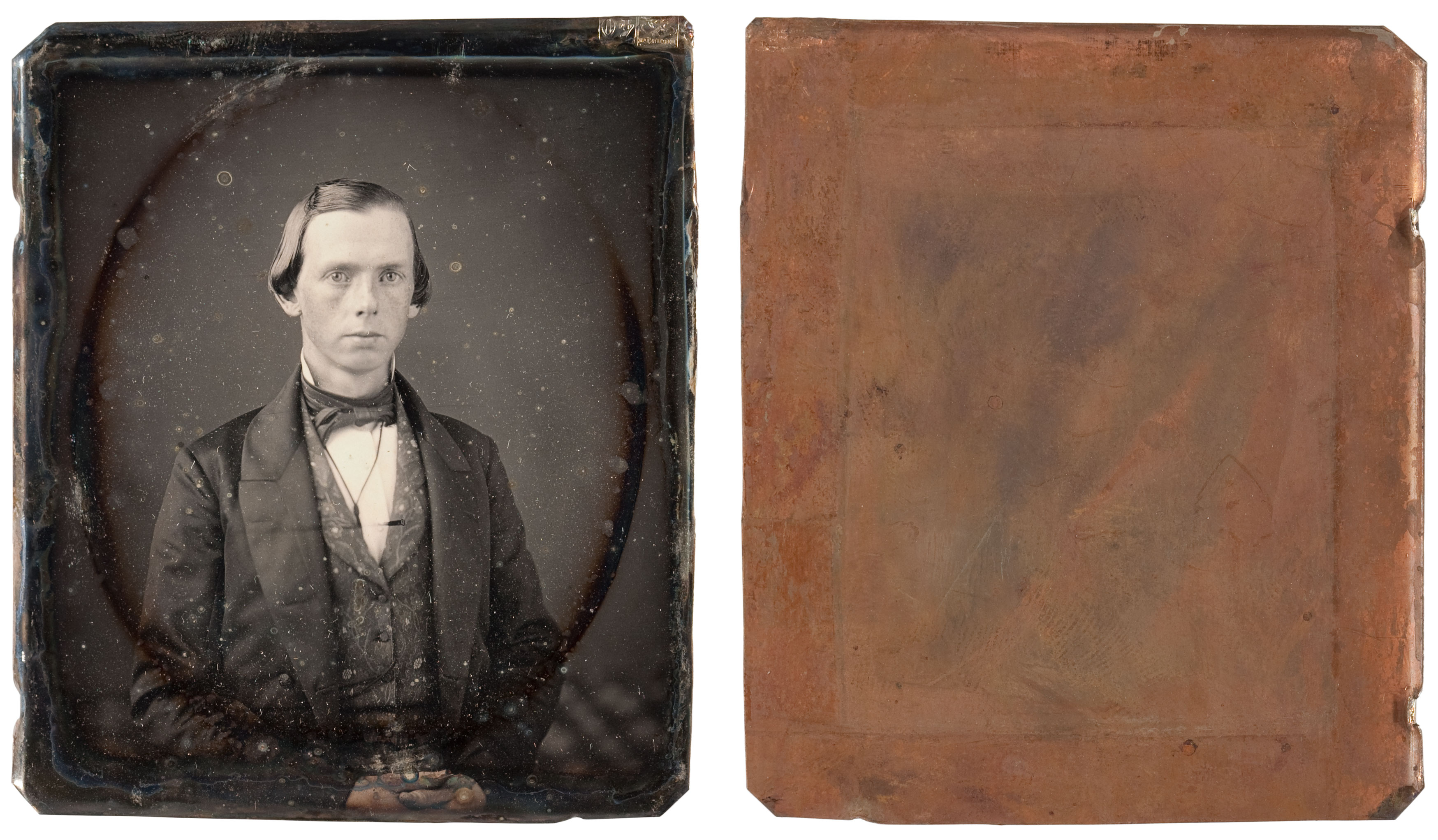 Un-cased daguerreotypes are pure silver on the front and copper on the back. It is not recommended to uncase a daguerreotype. 