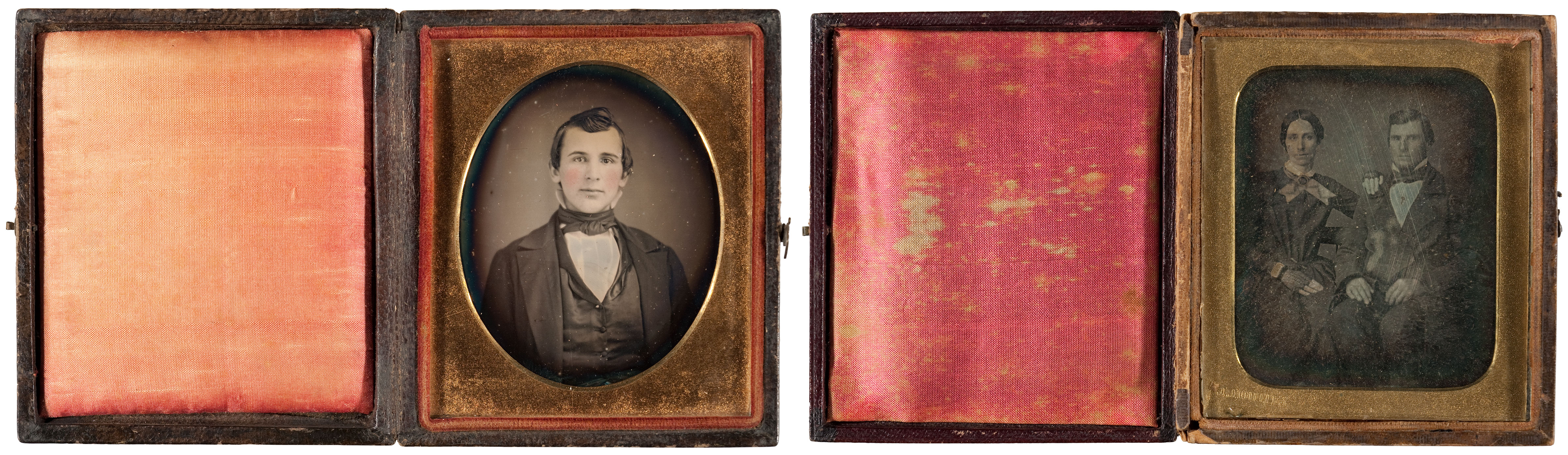 Early daguerreotypes, such as this, often have no preserver, a plain brass mat, and a simple silk pad. Cases and the different elements of the package became more elaborate over time