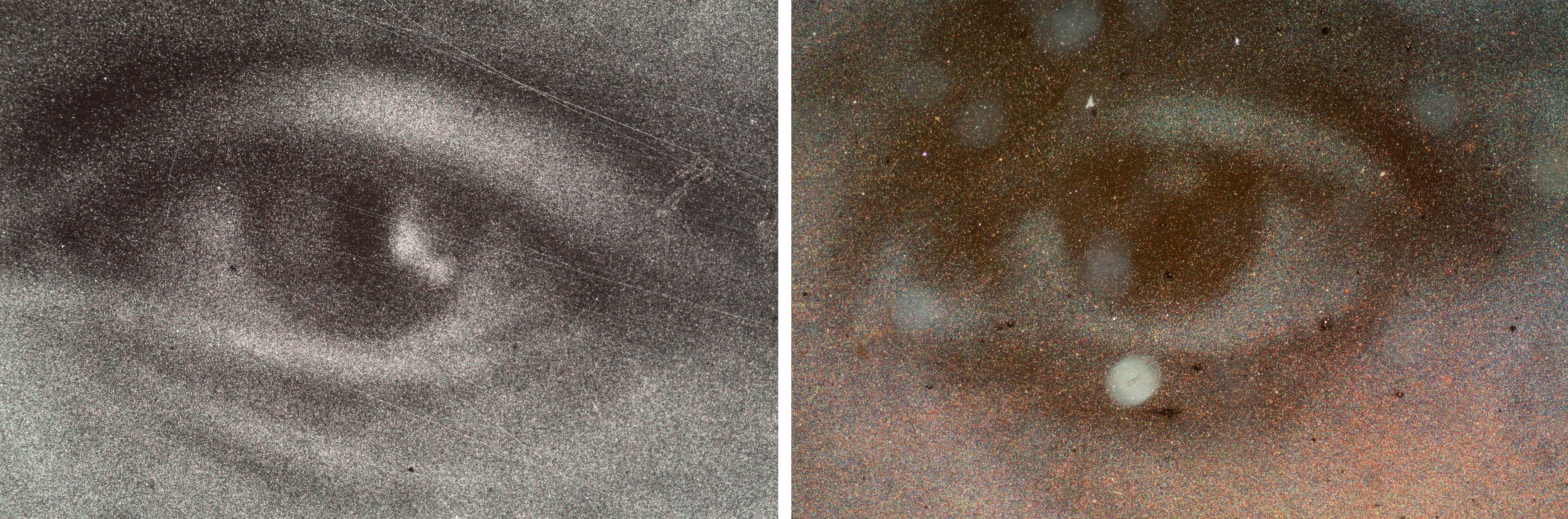 With 50x magnification the image conglomerates may be visible. Daguerreotypes have a very fine image structure and the image particles are in the highlights. 