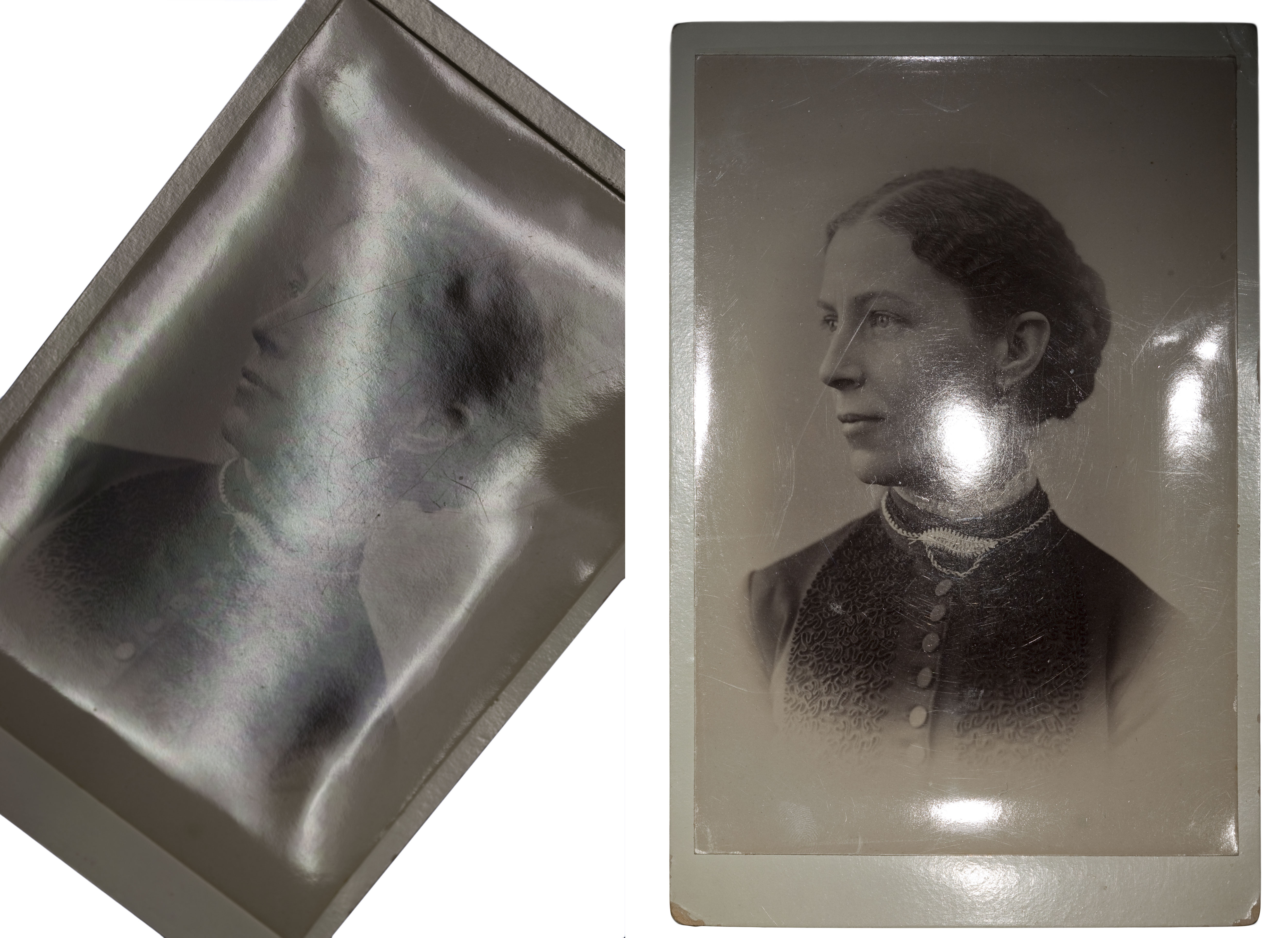 Collodion glazed albumen prints have a high-gloss surface sheen, wet-like appearance, and usually exhibit iridescence. 