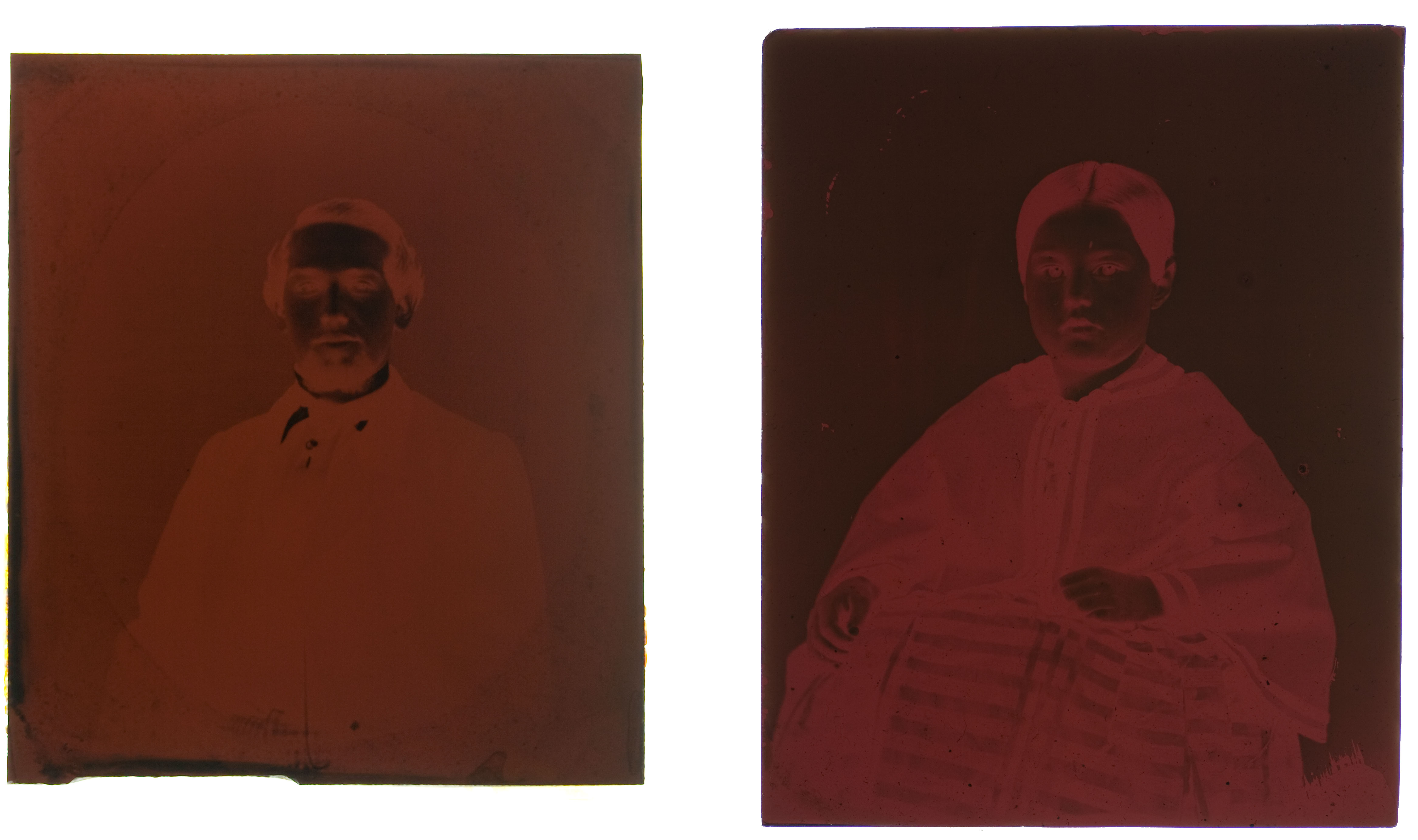 Called ruby ambrotypes, these objects created with red glass have been removed from their cases.