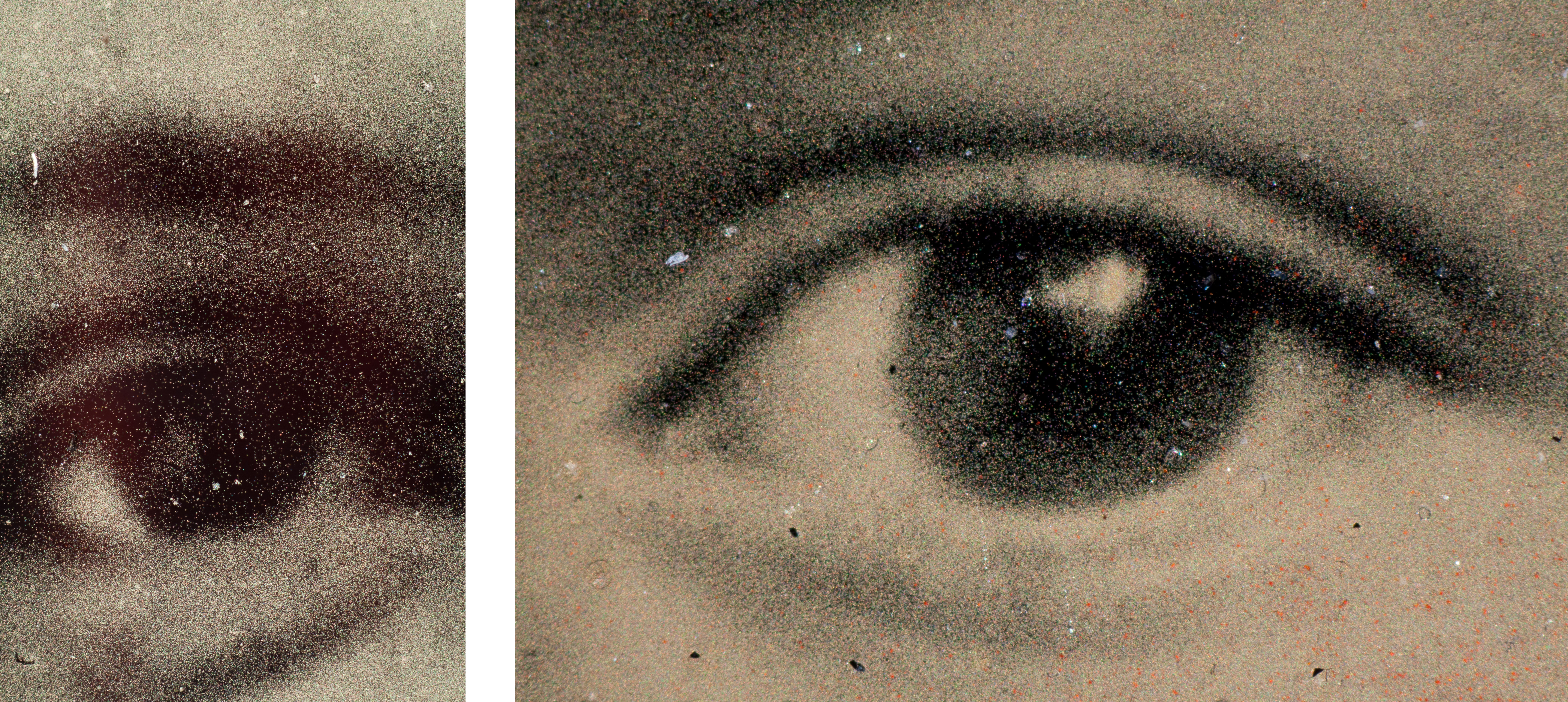 Under 50x magnification the image grain is clearly visible in the highlights. Pigment particles are visible as well. 